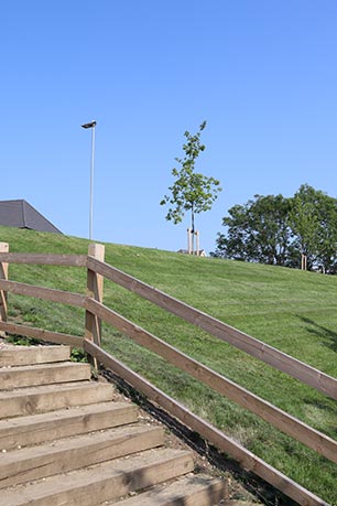 Wooden steps and fence leading up grassy incline