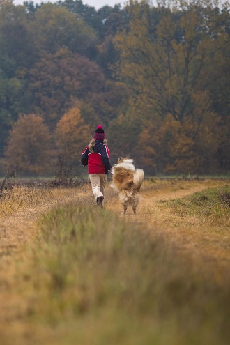 a woman and her dog walking down a woodland trail