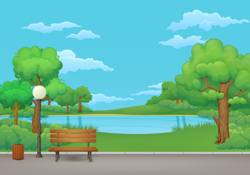 Cartoon graphic of a park bench with a pond in the background with a grassy hill, trees, and clouds on the horizon